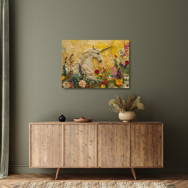 Skleněný obraz - Jednorožec s květinami (70x50 cm)