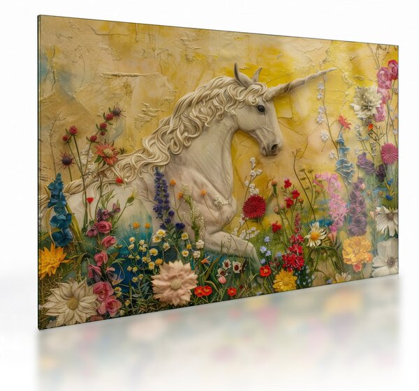 Skleněný obraz - Jednorožec s květinami (70x50 cm)