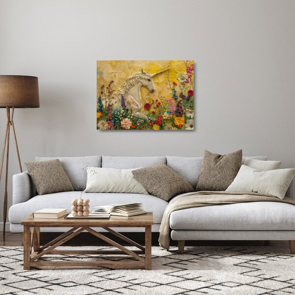 Skleněný obraz - Jednorožec s květinami (70x50 cm)