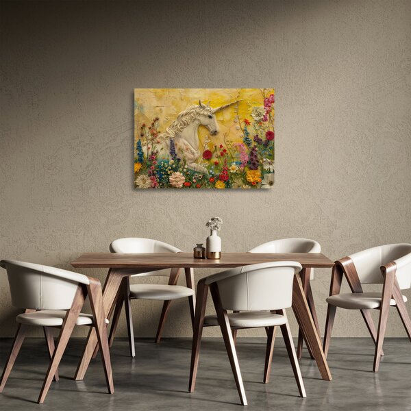 Skleněný obraz - Jednorožec s květinami (70x50 cm)