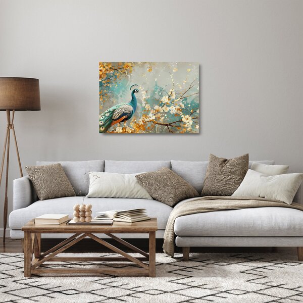 Skleněný obraz - Páv se zlatým dekorem (70x50 cm)