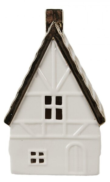 Bílý porcelánový dekorační domeček s černou střechou a komínem L – 16 cm
