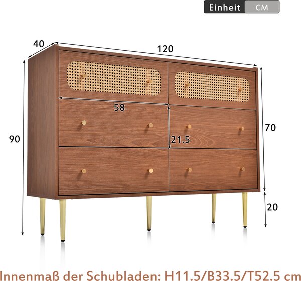 Flieks Komoda Příborník se 6 zásuvkami, ratanová komoda Skříně do obývacího pokoje z masivního dřeva 120*40*90cm