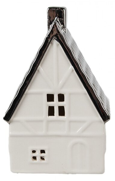 Bílý porcelánový dekorační domeček s černou střechou a komínem M – 12 cm