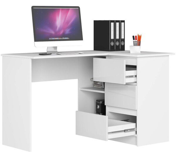 Ak furniture Rohový psací stůl B16 124 cm bílý/bílý lesk pravý