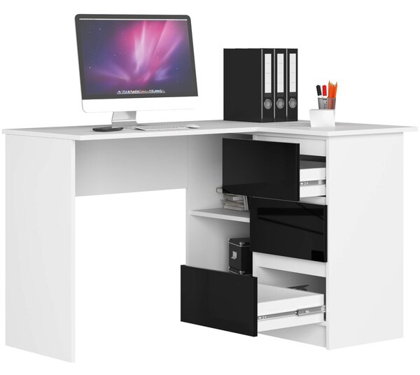 Ak furniture Rohový psací stůl B16 124 cm bílý/černý lesk pravý