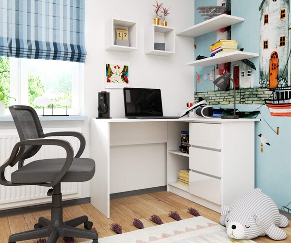 Ak furniture Rohový psací stůl B16 124 cm bílý/bílý lesk pravý
