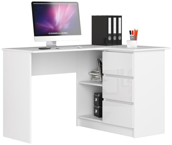 Ak furniture Rohový psací stůl B16 124 cm bílý/bílý lesk pravý