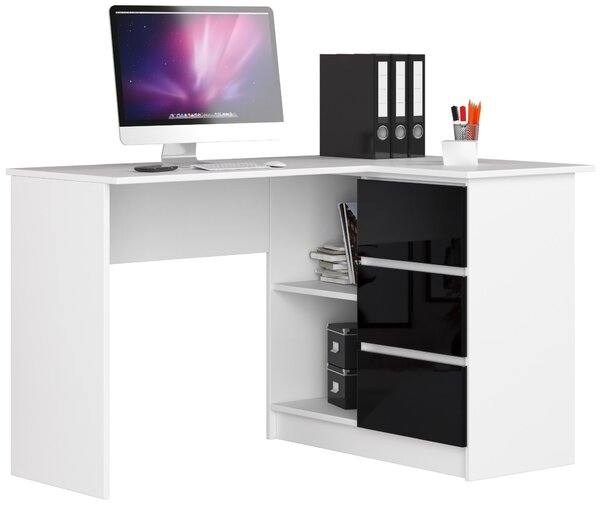 Ak furniture Rohový psací stůl B16 124 cm bílý/černý lesk pravý
