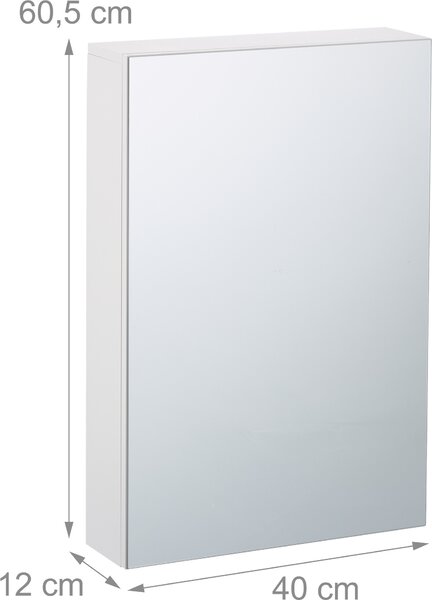 Zrcadlová skříňka Relaxdays, 3 vnitřní přihrádky, koupelnová skříňka, VxŠxH: 60,5x40x12 cm, závěsná skříňka pro montáž na zeď, MDF, bílá