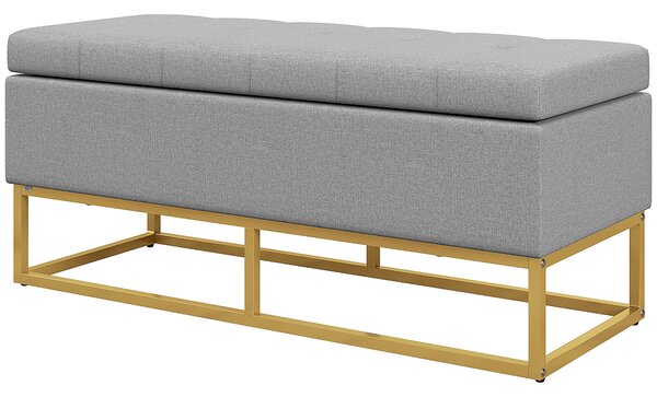 HOMCOM Úložná lavice, koncová lavice, úložný box s prošívaným sedadlem a ocelovými nohami, 110 x 44 x 48 cm, šedá a zlatá | Aosom