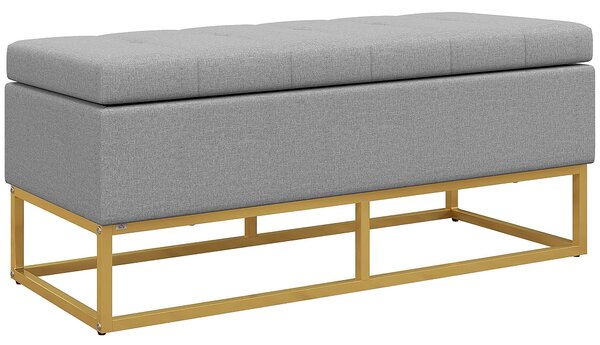 HOMCOM Úložná lavice, koncová lavice, úložný box s prošívaným sedadlem a ocelovými nohami, 110 x 44 x 48 cm, šedá a zlatá | Aosom