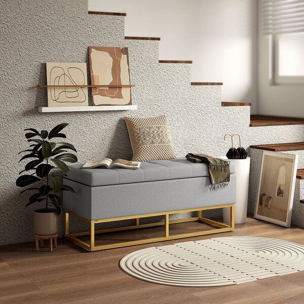 HOMCOM Úložná lavice, koncová lavice, úložný box s prošívaným sedadlem a ocelovými nohami, 110 x 44 x 48 cm, šedá a zlatá | Aosom