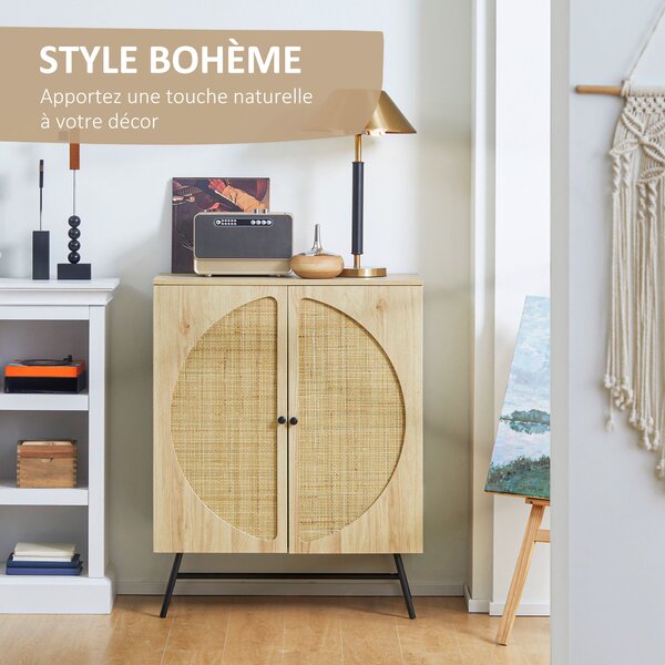 HOMCOM Vysoký Buffet Skříň s Dřevěným a Proutěným Designem 2 Dveře - 80 x 39 x 101,8 cm Přírodní | Aosom