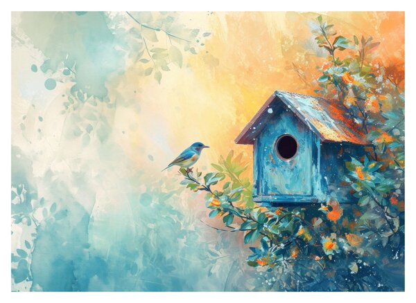Skleněný obraz - Ptačí budka, akvarel (70x50 cm)