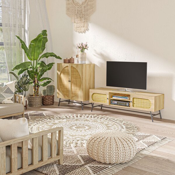 HOMCOM Vysoký Buffet Skříň s Dřevěným a Proutěným Designem 2 Dveře - 80 x 39 x 101,8 cm Přírodní | Aosom