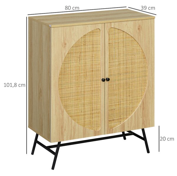 HOMCOM Vysoký Buffet Skříň s Dřevěným a Proutěným Designem 2 Dveře - 80 x 39 x 101,8 cm Přírodní | Aosom