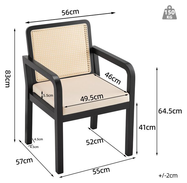 Sada 2 jídelních židlí Flieks z velurové látky s ratanovým opěradlem, toaletní židle s nohami z kaučukového dřeva, ergonomická židle 56 x 57 x 83 cm, černá