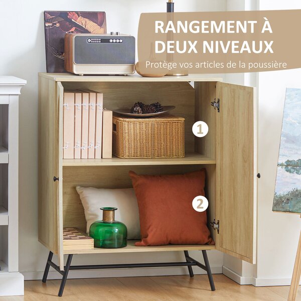 HOMCOM Vysoký Buffet Skříň s Dřevěným a Proutěným Designem 2 Dveře - 80 x 39 x 101,8 cm Přírodní | Aosom