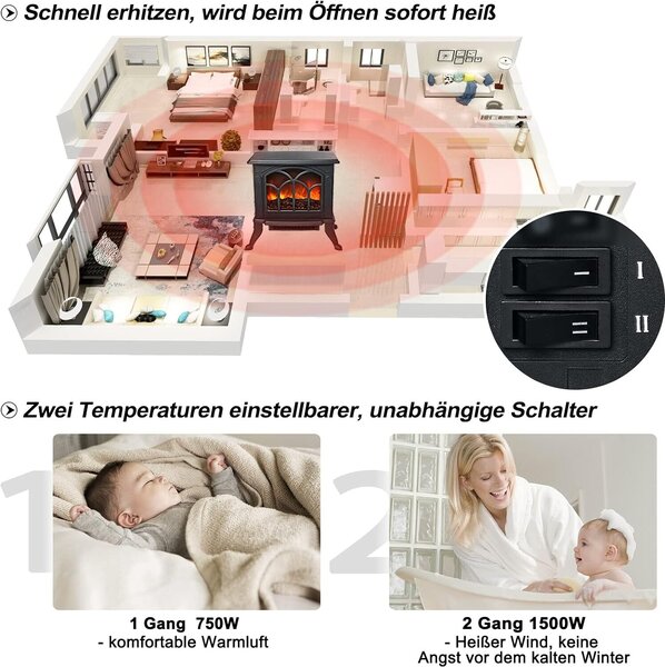 TRMLBE Elektrický krb s ohřívačem a LED krbem Elektrické krby s efektem plamene Ohřívač Kamna Úspora energie 750W/1500W Přepínatelná funkce ohřevu - černá