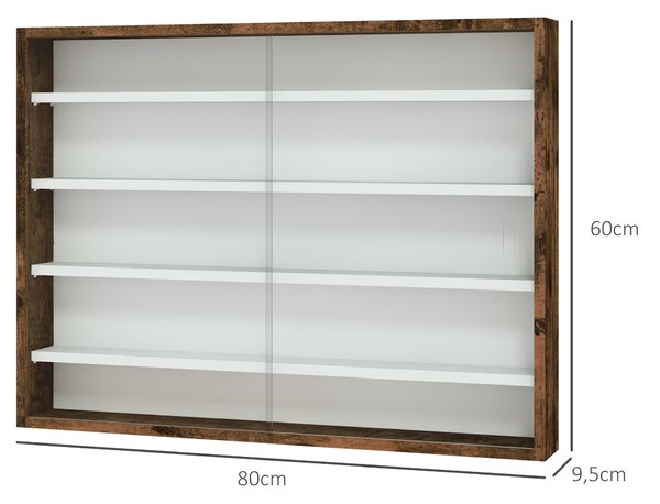 Nástěnná vitrína HOMCOM 80 x 9,5 x 60 cm s 4 nastavitelnými policemi a 2 posuvnými skleněnými dveřmi, pro sbírání miniatur a modelů aut, Hnědá | Aosom