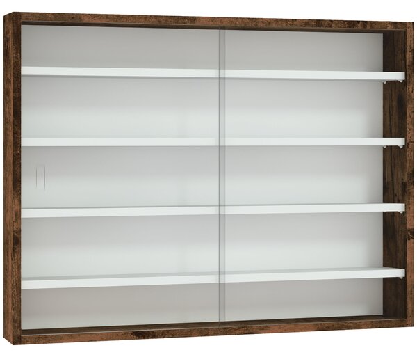 Nástěnná vitrína HOMCOM 80 x 9,5 x 60 cm s 4 nastavitelnými policemi a 2 posuvnými skleněnými dveřmi, pro sbírání miniatur a modelů aut, Hnědá | Aosom