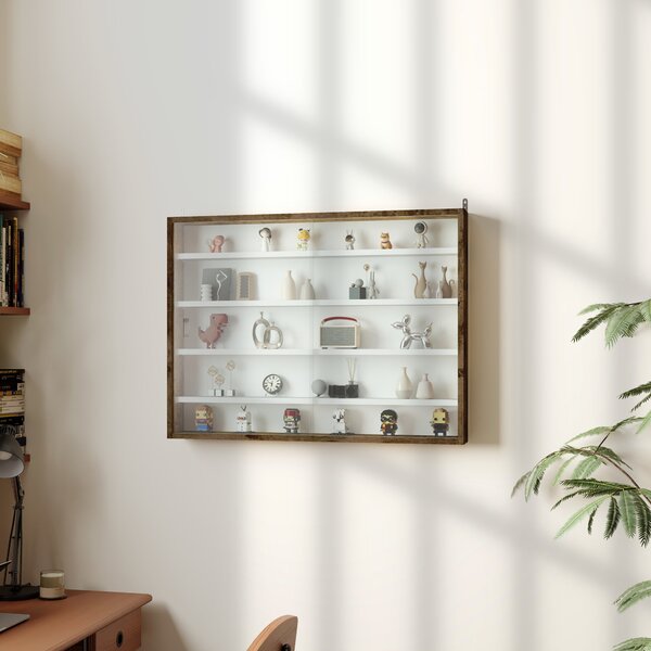 Nástěnná vitrína HOMCOM 80 x 9,5 x 60 cm s 4 nastavitelnými policemi a 2 posuvnými skleněnými dveřmi, pro sbírání miniatur a modelů aut, Hnědá | Aosom