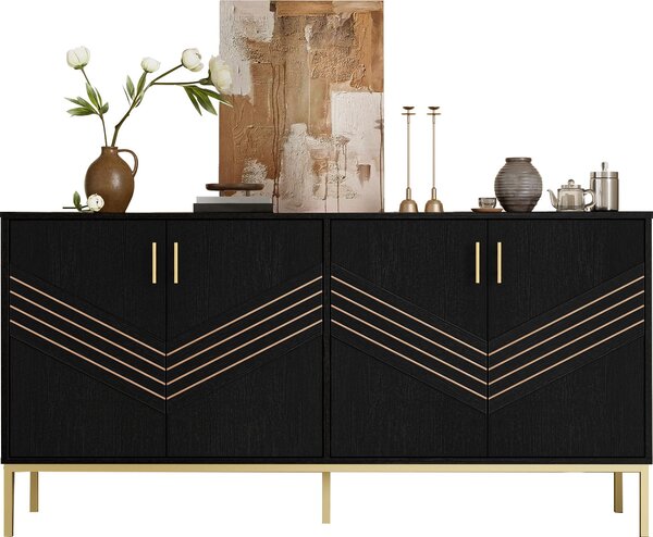Sweiko Moderní příborník se 4 dvířky - stylový design v černé a zlaté barvě, korpus z MDF s kovovými nohami, velký objem, výškově nastavitelné police - do obývacího pokoje, jídelny a předsíně