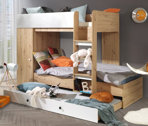 Dětská kombinovaná postel 90 cm Sami 2 (dub artisan + matná bílá + černá madla)