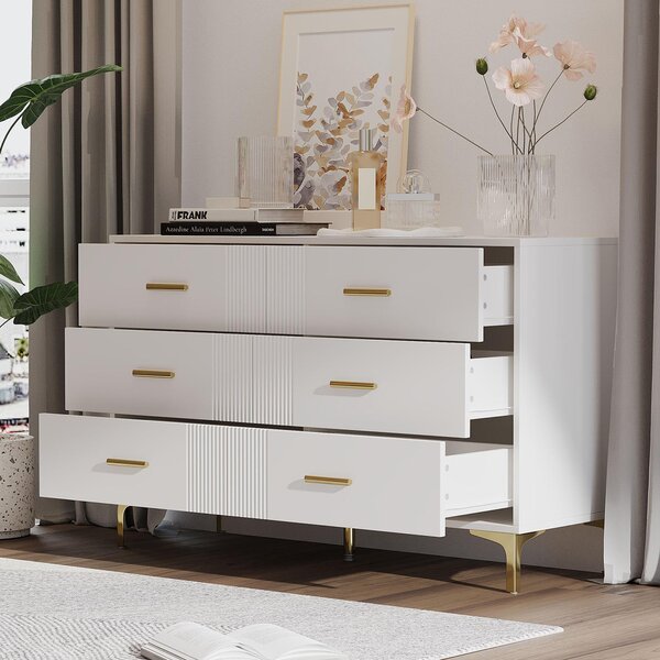 Komoda Sweiko se 6 zásuvkami - Bílá komoda s dvířky do obývacího pokoje a ložnice, rozměry: V76/B120/T40 cm