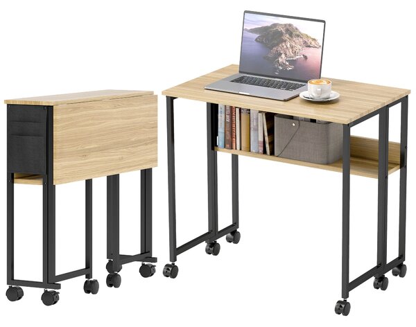 Skládací stůl HOMCOM na kolečkách, počítačový stůl 80 x 50 cm se policí a úložným vakem, studijní stůl pro domácí kancelář, ložnici, malé prostory, du