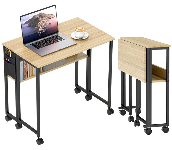 Skládací stůl HOMCOM na kolečkách, počítačový stůl 80 x 50 cm se policí a úložným vakem, studijní stůl pro domácí kancelář, ložnici, malé prostory, du