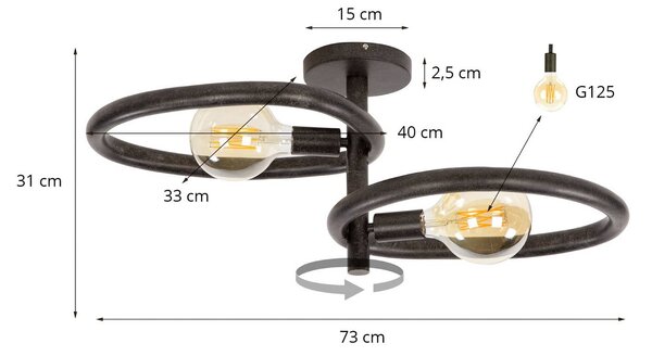 ZIJLSTRA Stropní světlo Pebble, černé, 2 žárovky, délka 73 cm, E27, stmívatelný, Černá, Obývací pokoj / jídelna, kov, Moderní