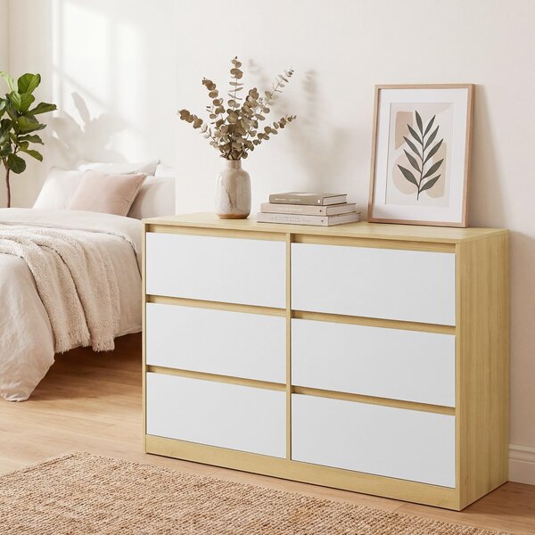 Komoda VASAGLE se 6 zásuvkami – moderní příborník do ložnice, rozměry 119,4 x 40 x 75 cm, barva mandlová žlutá a bílá