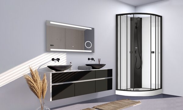 Kompletní sprchový kout Marwell kompletní sprchový kout Prime Style černý/bílý 85x85x198 - Kompletní sprchový set s akrylátovou vaničkou a baterií - 4 mm tvrzené bezpečnostní sklo
