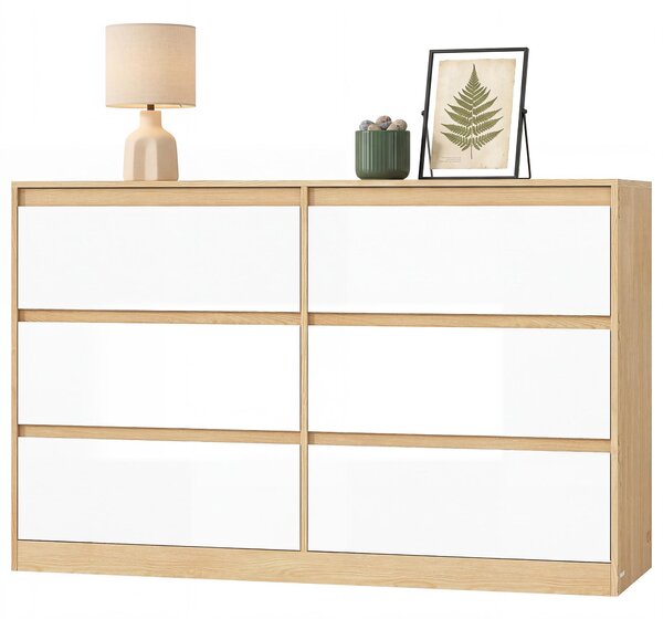 Komoda VASAGLE se 6 zásuvkami – moderní příborník do ložnice, rozměry 119,4 x 40 x 75 cm, barva mandlová žlutá a bílá