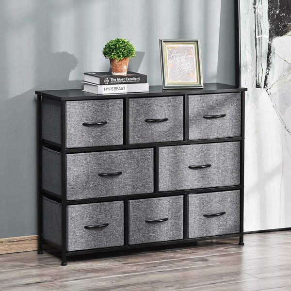 Fortuna Lai Komoda s 8 zásuvkami z látky Úložná skříň Komoda s úchytkami, kovový rám, moderní design Skříň do ložnice, obývacího pokoje Tmavě šedá