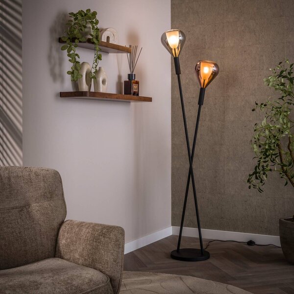 ZIJLSTRA Stojací lampa Wings, černá/měď/chrom, 2 žárovky, 175 cm, G9, Černá, Obývací pokoj / jídelna, Sklo, Moderní