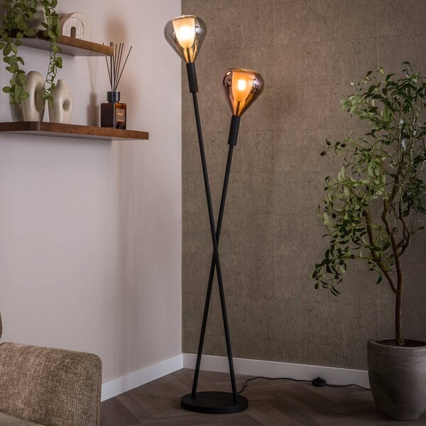 ZIJLSTRA Stojací lampa Wings, černá/měď/chrom, 2 žárovky, 175 cm, G9, Černá, Obývací pokoj / jídelna, Sklo, Moderní