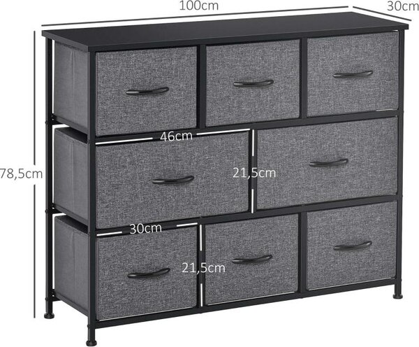 Fortuna Lai Komoda s 8 zásuvkami z látky Úložná skříň Komoda s úchytkami, kovový rám, moderní design Skříň do ložnice, obývacího pokoje Tmavě šedá
