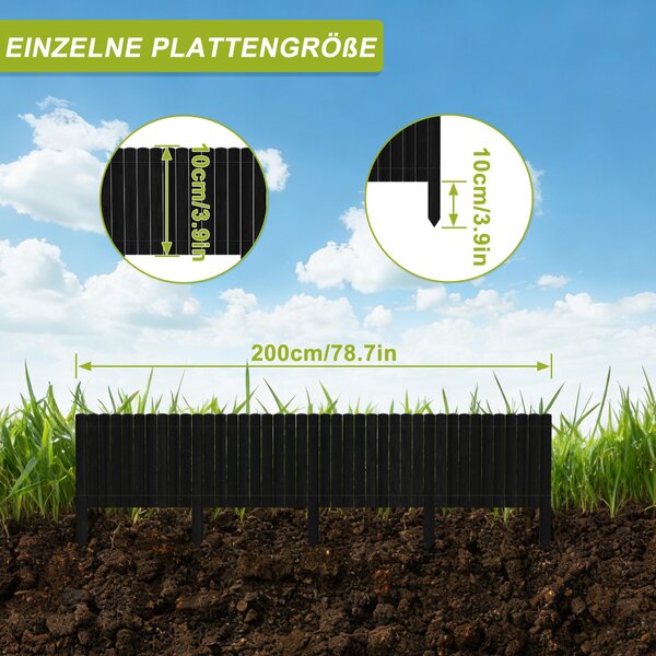 XINZI Dřevěné ohraničení záhonů Ohraničení záhonů Palisáda v dřevěném designu plot z latí pro květinové záhony, terasy a zahradní cestičky Výška 10 cm, délka 200 cm, antracitová barva