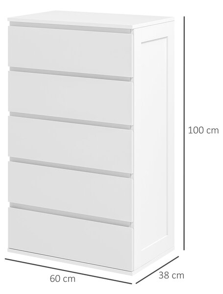 HOMCOM Komoda s 5 šuplíky - Moderní Stylový Úložný Prvek s Hladkým Uzavíracím Mechanismem pro Ložnici, Obývací Pokoj - 60 x 38 x 100 cm, Bílá | Aosom
