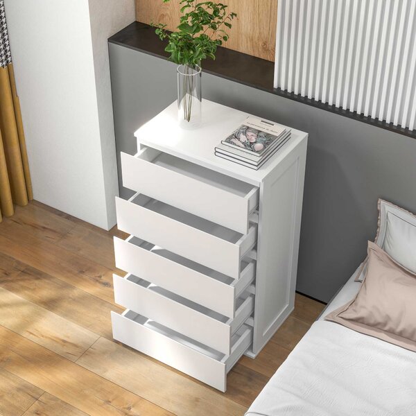 HOMCOM Komoda s 5 šuplíky - Moderní Stylový Úložný Prvek s Hladkým Uzavíracím Mechanismem pro Ložnici, Obývací Pokoj - 60 x 38 x 100 cm, Bílá | Aosom