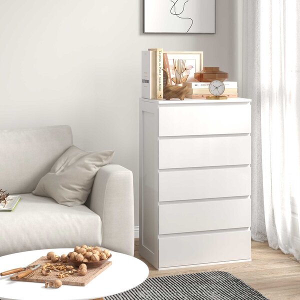 HOMCOM Komoda s 5 šuplíky - Moderní Stylový Úložný Prvek s Hladkým Uzavíracím Mechanismem pro Ložnici, Obývací Pokoj - 60 x 38 x 100 cm, Bílá | Aosom