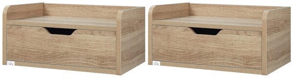 HOMCOM Sada 2 zavěšených nočních stolků - Skládací zásuvka, Polička - Přírodní dřevotříska 40Š x 30H x 19,5V cm | Aosom
