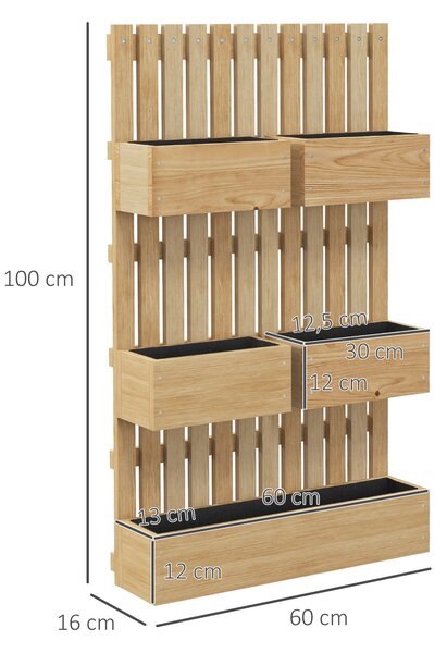 Závěsný květináč Outsunny s 5 odnímatelnými truhlíky z masivního dřeva a neprodyšnou tkaninou, 60 x 16 x 100 cm | Aosom