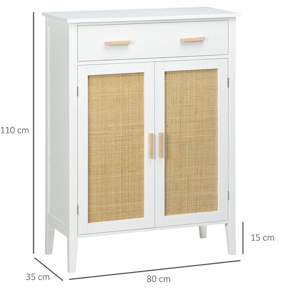 HOMCOM Botník se 2 dvířky s ratanovým efektem a zásuvkou - 80 x 35 x 110 cm - Bílý | Aosom
