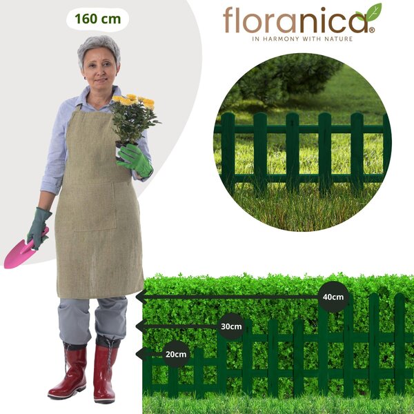 Floranica ozdobný plot ze dřeva 100 x 20 cm zelený (impregnovaný) zapichovací zahradní plot pro ohraničení záhonů, okraj trávníku