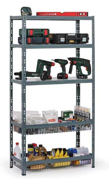 Policový regál s koši, 1790 x 900 x 400 mm, nosnost 175 kg, 1 police + 4 koše
