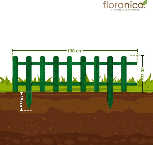 Floranica ozdobný plot ze dřeva 100 x 20 cm zelený (impregnovaný) zapichovací zahradní plot pro ohraničení záhonů, okraj trávníku
